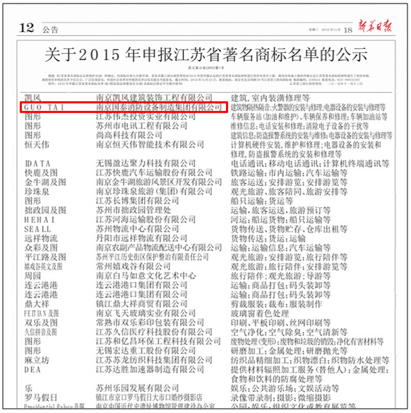 賀國泰集團入圍“江蘇省著名商標”公示名單